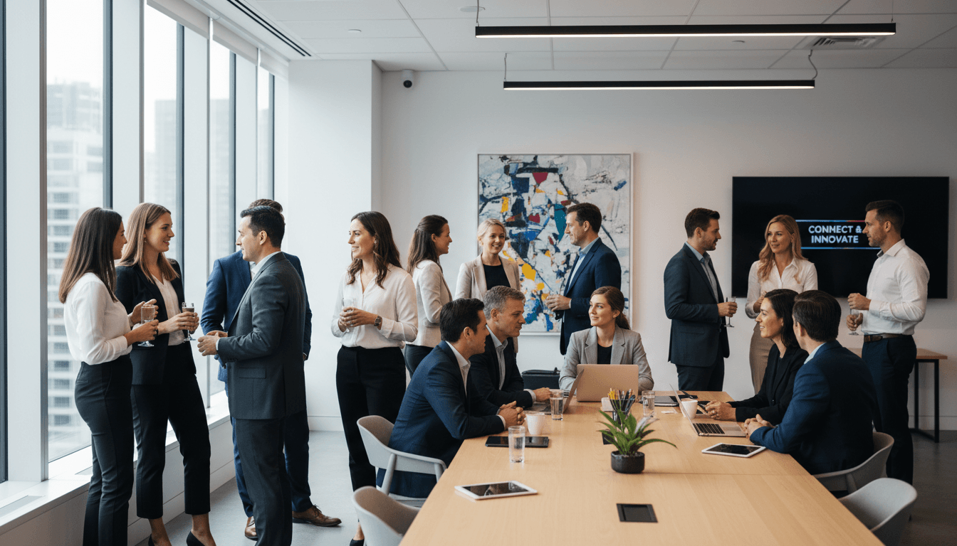 professional networking meeting in modern office space with diverse group of colleagues collaborating