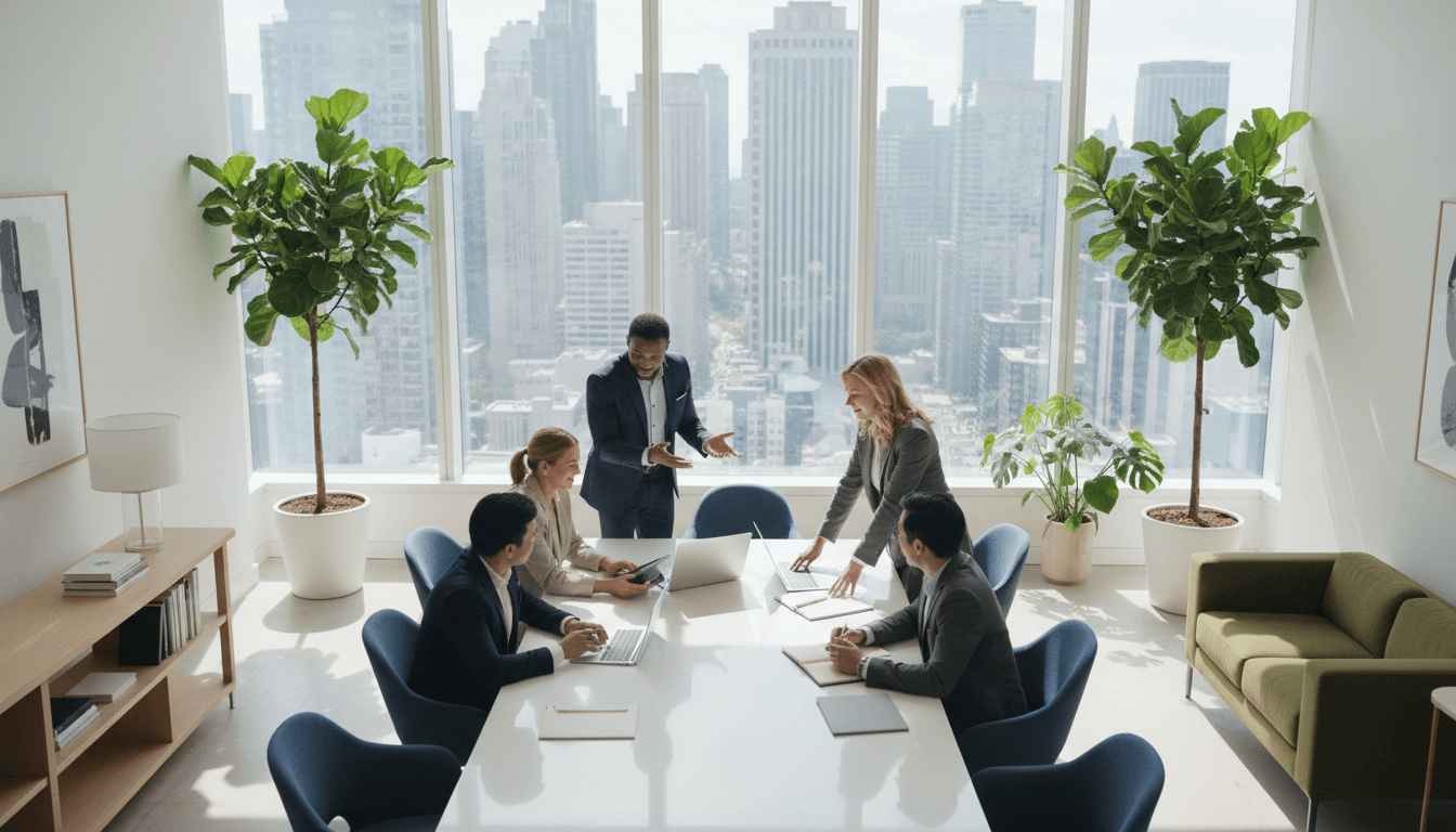 Team of professionals working together in a bright modern office space