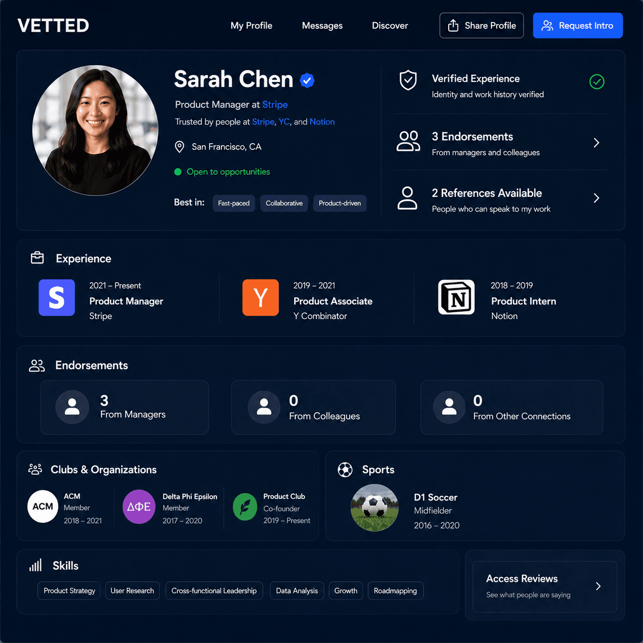 Professional profile for Sarah Chen, Product Manager at Stripe, showing experience, endorsements, and skills.