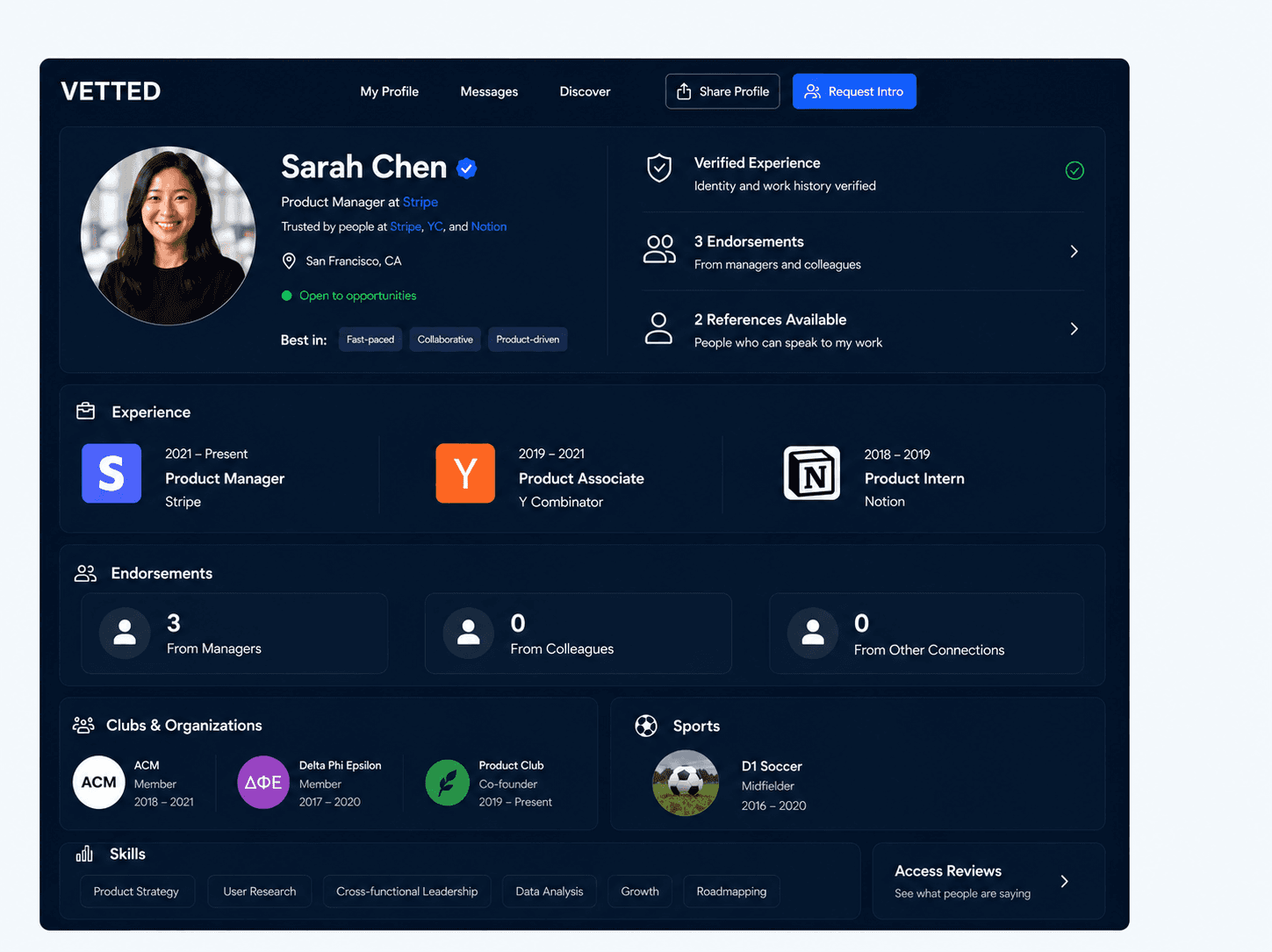 Professional profile of Sarah Chen, Product Manager at Stripe, showing verified experience, endorsements, and skills.